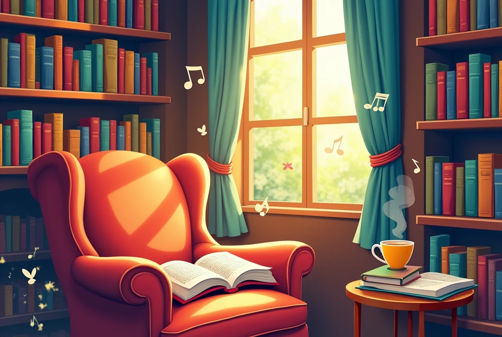 Create a vibrant and inviting illustration titled 'Books & Audiobooks'. The scene should depict a cozy reading nook filled with colorful bookshelves overflowing with various genres of books. Include a comfortable armchair with a steaming cup of tea on a side table, and a pair of headphones resting on the armchair. In the background, show a window with soft sunlight streaming in, illuminating the space. Add a whimsical touch by incorporating floating musical notes and book pages to represent the joy of audiobooks. The overall atmosphere should evoke a sense of warmth, relaxation, and the magic of storytelling." Feel free to adjust any elements to better fit your vision!