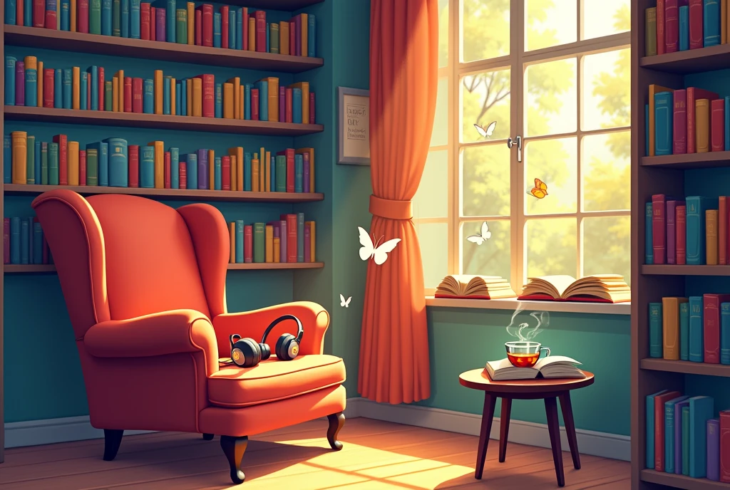 Create a vibrant and inviting illustration titled 'Books & Audiobooks'. The scene should depict a cozy reading nook filled with colorful bookshelves overflowing with various genres of books. Include a comfortable armchair with a steaming cup of tea on a side table, and a pair of headphones resting on the armchair. In the background, show a window with soft sunlight streaming in, illuminating the space. Add a whimsical touch by incorporating floating musical notes and book pages to represent the joy of audiobooks. The overall atmosphere should evoke a sense of warmth, relaxation, and the magic of storytelling." Feel free to adjust any elements to better fit your vision!