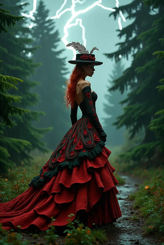 Red-haired snake woman,with a big, full, flared dress and a hat with a feather and a bag ,in red color,green and black,background with pine trees and rain in the forest with lightning in the sky