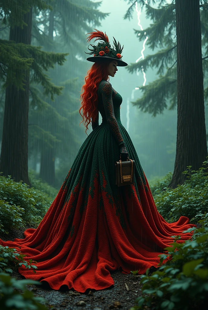 Red-haired snake woman,with a big, full, flared dress and a hat with a feather and a bag ,in red color,green and black,background with pine trees and rain in the forest with lightning in the sky