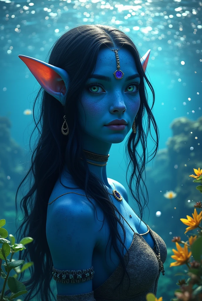 una ragazza na'vi Metkayina Omaticaya AVATAR The Way of the Water, capelli neri leggermente più lunghi delle spalle, pelle blue, occhi azzurri