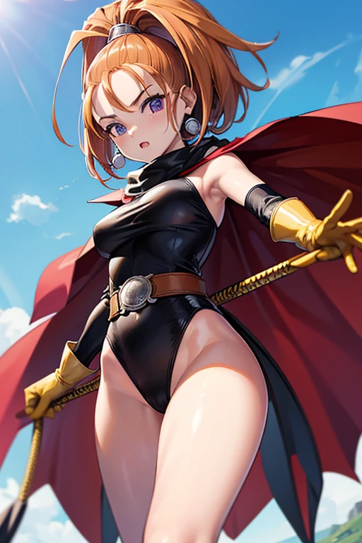 Fight Barbara,alone,Black high leg swimsuit(Shooting from below),(Wind from below),dq6barbara 、High Ponytail、 Cape 、Yellow gloves 、belt 、jewelry、 Earrings