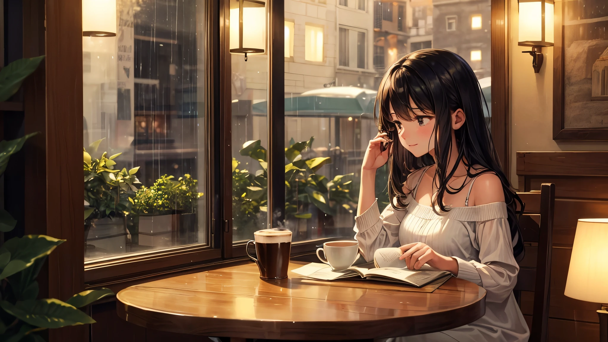 Describe a cozy little cafe at night, with soft lights and a peaceful atmosphere. In the background, a young woman is sitting by the window, listening to lofi music with headphones, while drinking a coffee and reading a book. Gentle rain falls outside, with the sound of the drops hitting the windows creating a feeling of peace and relaxation. The air is filled with the comforting aroma of fresh coffee and hot chocolate, mixed with the light humidity of the rain. The dark wood tables are illuminated by small table lamps, creating bubbles of light that invite coziness. On the walls, vintage paintings and black and white photographs show captured moments from the past, telling silent stories to those who stop to observe.
The young woman, with her disheveled hair falling softly over her shoulders, seems completely absorbed in her private universe. The open book in her hands is a haven for her imagination, while the gentle beats of lofi music intertwine with the rhythm of the rain, forming a serene soundtrack that only she can hear. As you take a sip of your coffee, a slight smile appears on your face, revealing the satisfaction of a very vivid moment.
Describe a cozy little café at night, with soft lights and a peaceful atmosphere. In the background, a young woman is sitting by the window, listening to lo-fi music with headphones, while drinking coffee and reading a book. Gentle rain falls outside, with the sound of the drops hitting the windows creating a feeling of peace and relaxation. The air is filled with the comforting aroma of fresh coffee and hot chocolate, mixed with the light humidity of the rain. The dark wood tables are illuminated by small table lamps, creating bubbles of light that invite coziness. On the walls, vintage paintings and black-and-white photographs show captured moments from the past, telling silent stories to those who stop to observe.