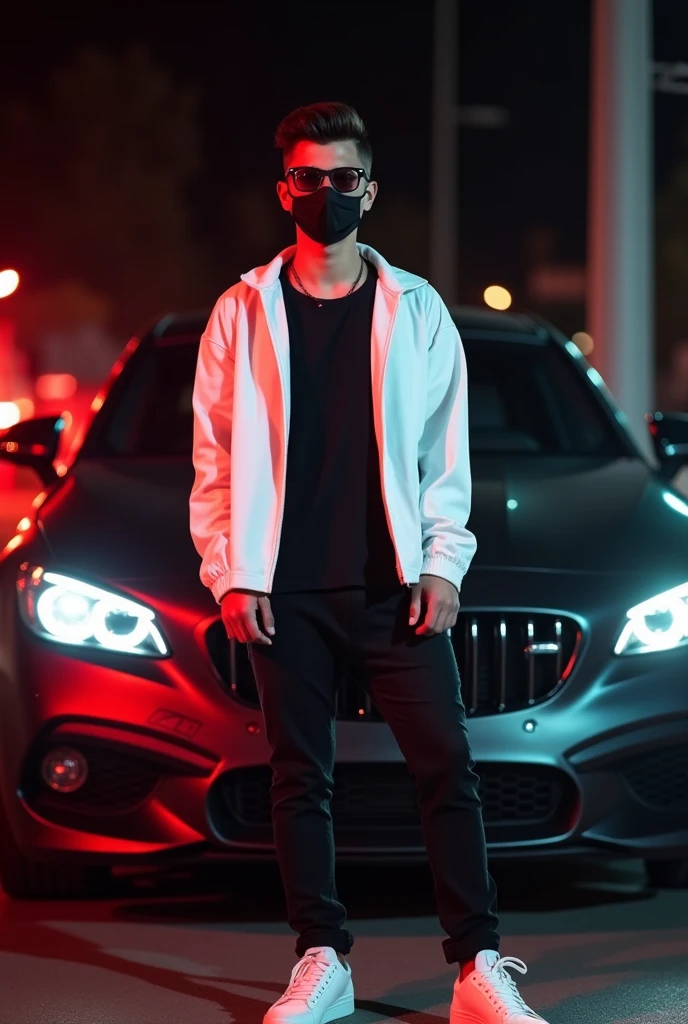 19 year old Yang boy with black penshirt and white showes and white jacket and black glass and back red light with back black car and face mask hide and hair style with best pose