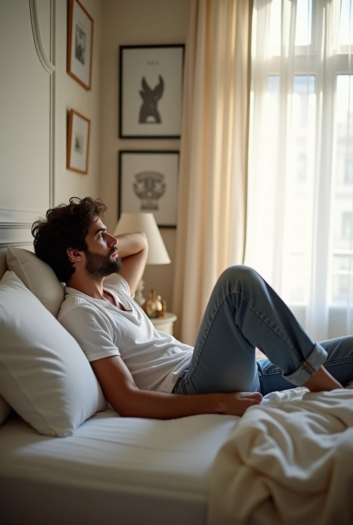 A man Sitting on bed, realistic, studio photo, high resolution