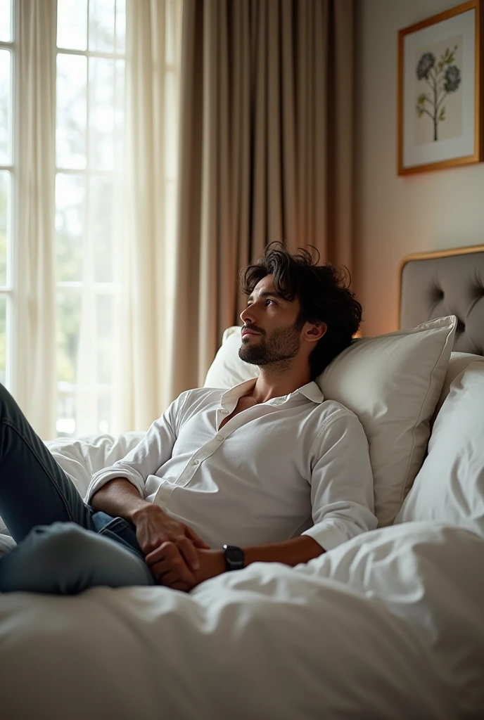 A man Sitting on bed, realistic, studio photo, high resolution 