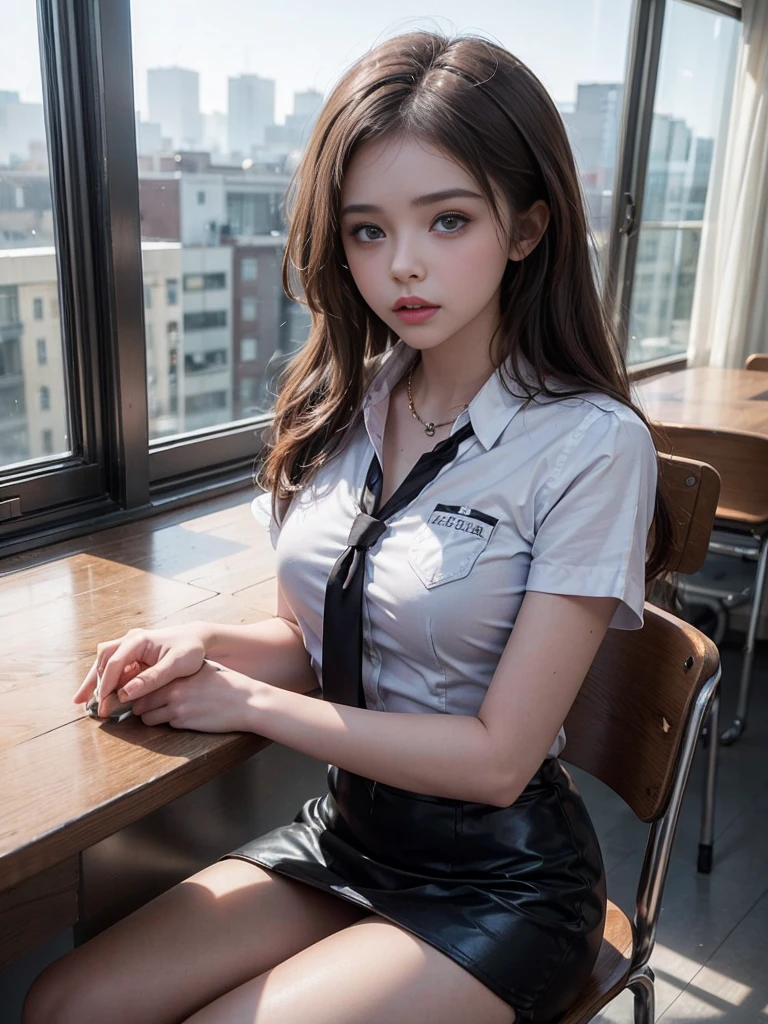 Professional full-length photo, (Best Top Quality, a high resolution, 8K masterpiece, super detailed), cute seductive 12 year old chloe grace moretz, student, white and black uniform, latex short black skirt, black lace necklace, I look at the viewer, classroom background, sitting on the table, seductive, blushing, speak out, Indecent expression Masterpiece 8K