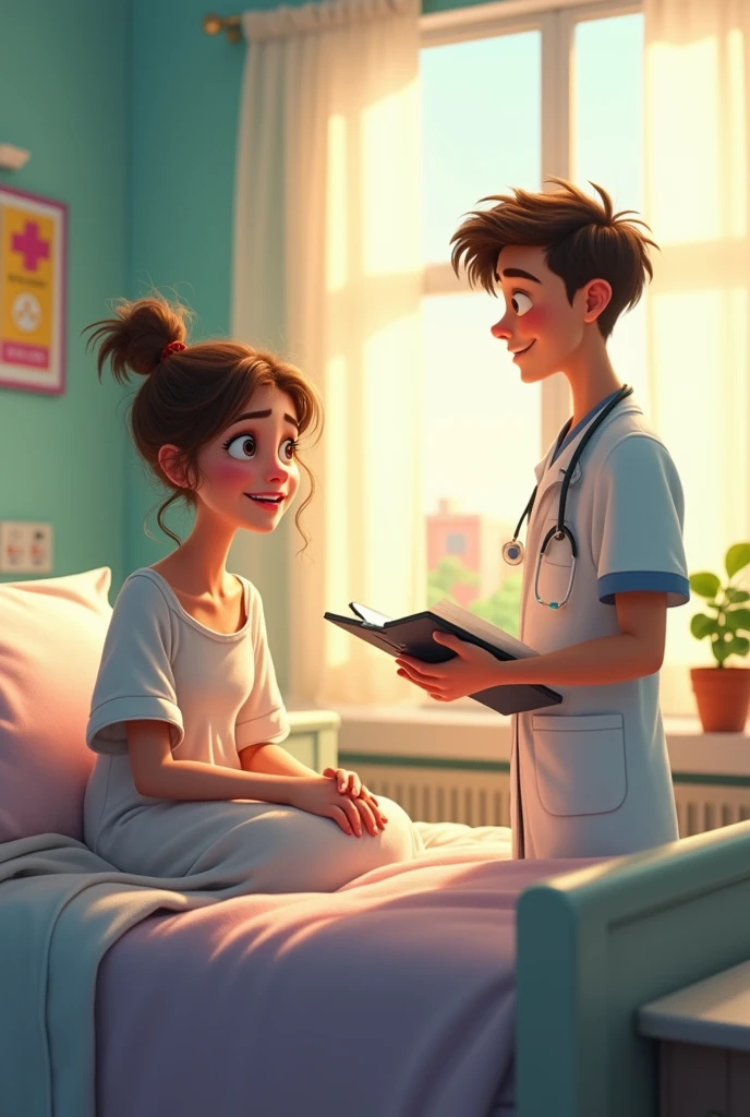 A sad sick young woman talking to a young doctor at hospital, pixar style, cinematic, masterpiece, high-aesthetic, realistic 