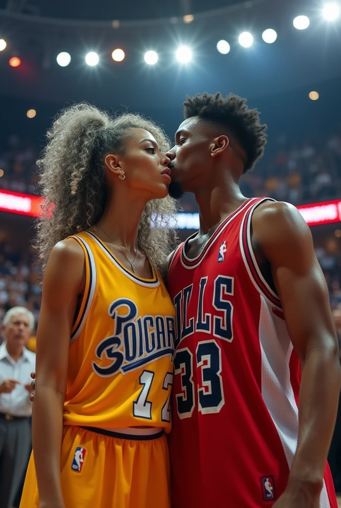 A beautiful youthful looking 
 American version of Ariana Grande as a 50 years old woman with very long hair completely gray hair in a long big curls styles as a retired
NBA player wearing her old NBA jersey in a nba stadium she is kissing a younger male basketball player in their 20s