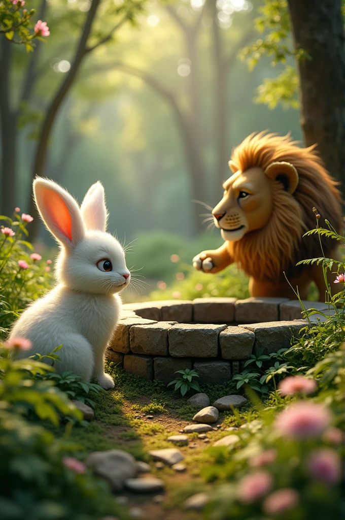 Rabbit Watching from the Side: The rabbit stands safely near the well, watching as the lion falls in, with a satisfied and relieved expression.
