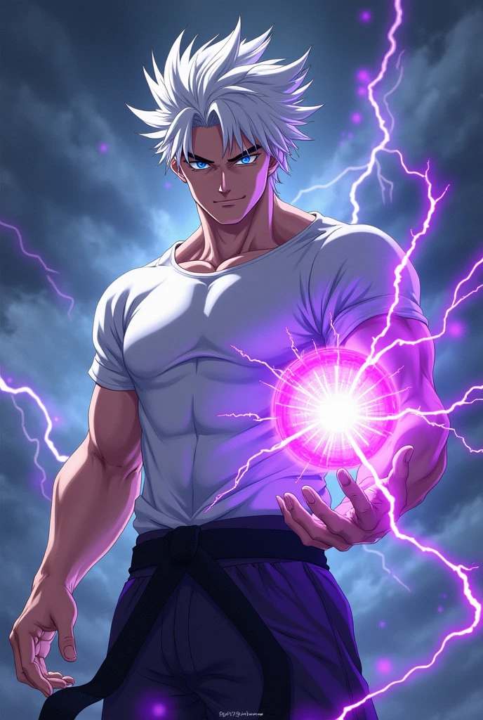 body white skin, 80 kg muscular body, and white gojo hair, blue eyes, white T-shirt ,black leg karate suit ,shoot purple lightning storm sphere from hand, anime style