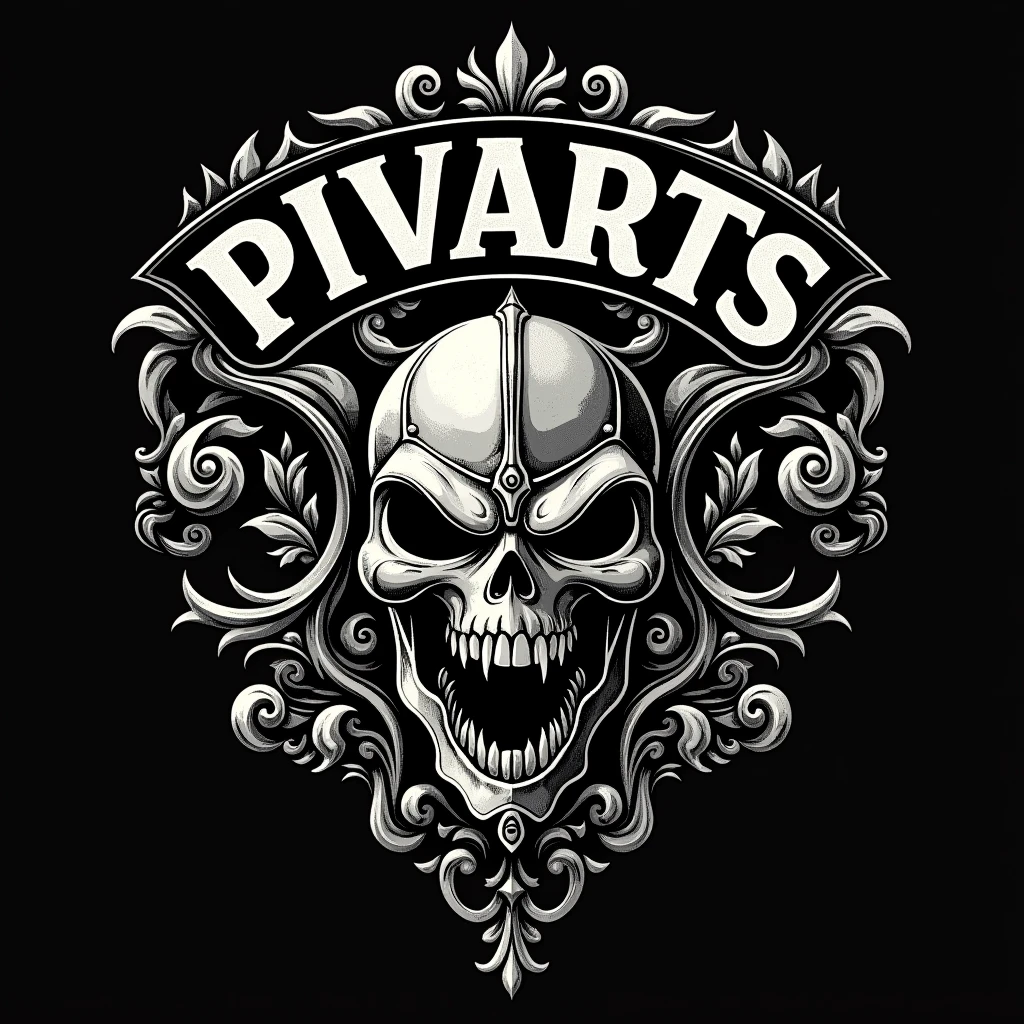 a vintage monster Heavy metal Motorcycles helmet logo, with text "PIVARTS", circle, intricate details, more detail, enhanced, ((poakl))