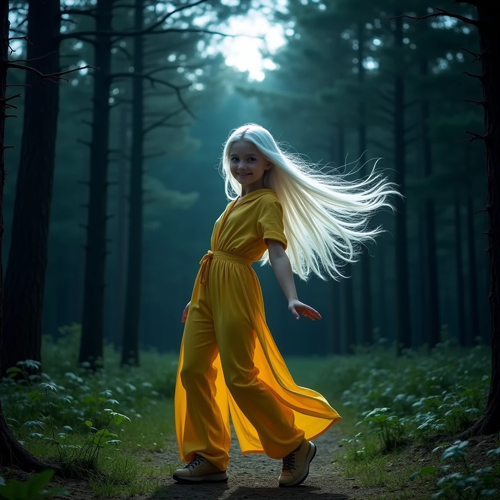 A girl with long white hair,wearing yellow 90s clothes,in the background she will be in a pine forest at night,I want her posing