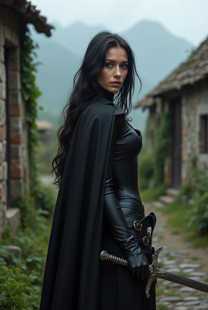 Woman, caucasiana, 33 years old, Bblack hair, "straight and loose hair", Brown eyes, Oval face, black cloack, arched eyebrow, black leather outfit, background of an abandoned medieval village, wielding a sword, drawning.