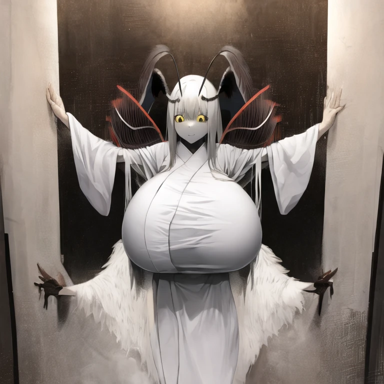 Moth Girl、Yellow Eyes、Longitudinal pupils、pure white kimono、Super huge breasts、Black fluffy antennae、No backgroun、tall、eight-headed body