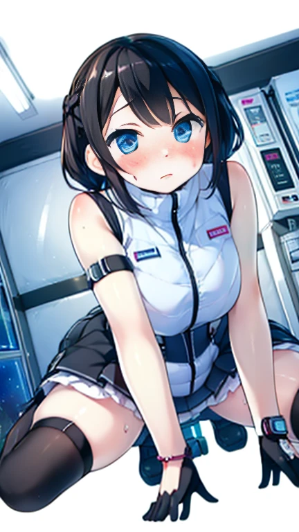 (Highest quality), (masterpiece), 1080P, High resolution, 4K, 8k, Inside the space station、Futuristic room、Thigh straps, Shooting from directly below, The woman on top of me, 白いSweat, Covered , Sweat, Woman looking down, Skirt swimsuit, Thigh-high socks, To achieve this, , , whole body, Black leather shoes, Braided hair, Inner Color, Embarrassed face, Short black hair, bracelet, Bedroom,celestial body_Vest