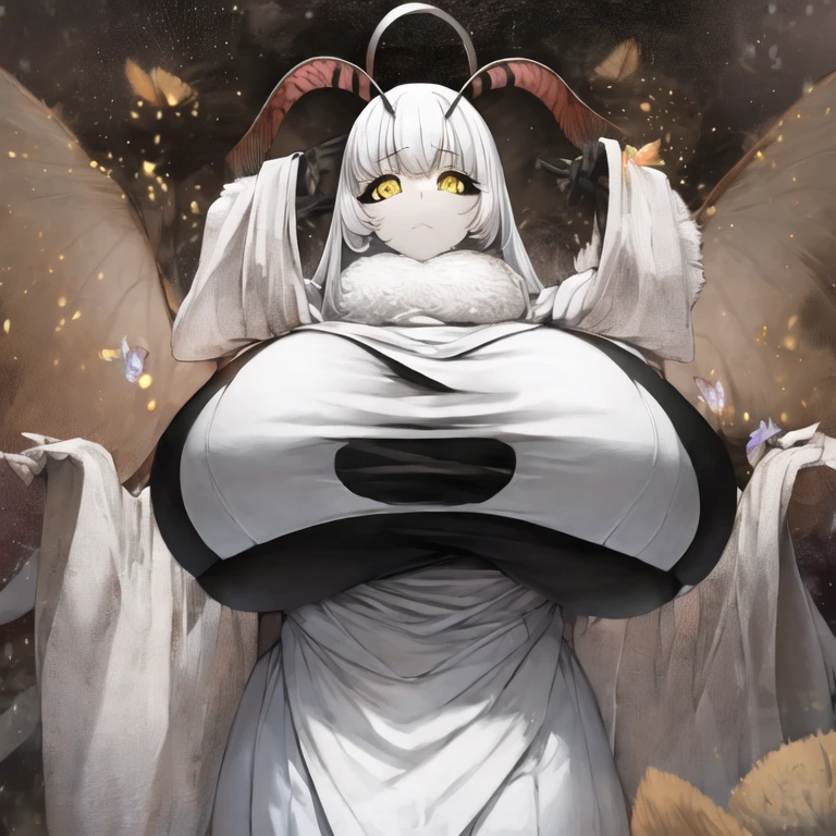 Moth Girl、Yellow Eyes、Longitudinal pupils、pure white kimono、Super huge breasts、Black fluffy antennae、No backgroun、tall、eight-headed body