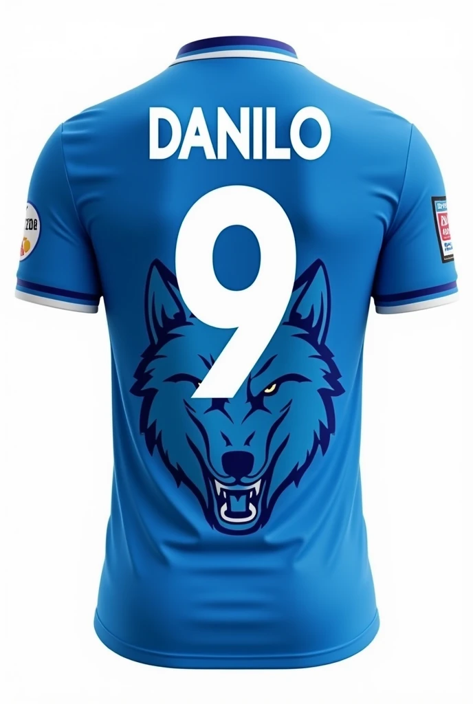 Make a blue and white football jersey with a wolf on the front and the number 9 and Danilo written on the back with a white background on the back, just the shirt
