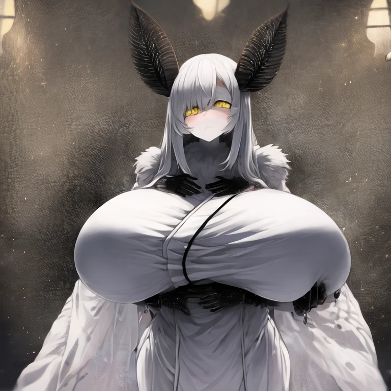 Moth Girl、Yellow Eyes、Longitudinal pupils、pure white kimono、Super huge breasts、Black fluffy antennae、No backgroun、tall、eight-headed body