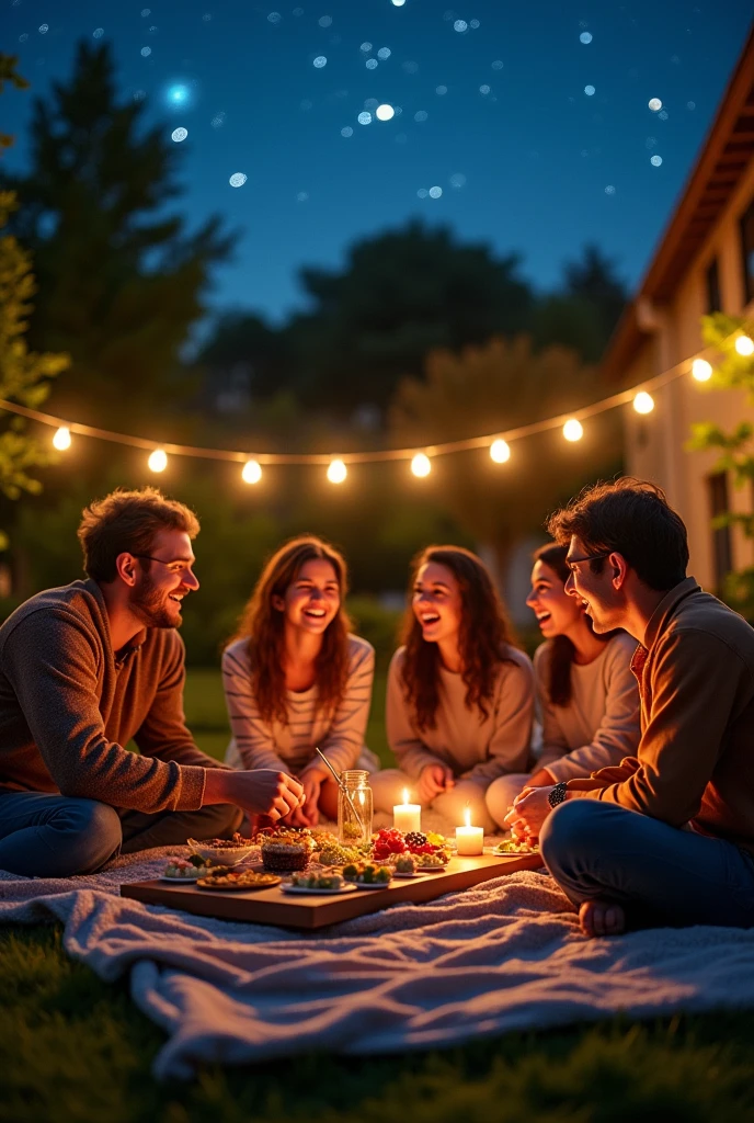 home cinema friends eating together planche food snaks in a very lovely garden sitting at night size 1080 x 1080