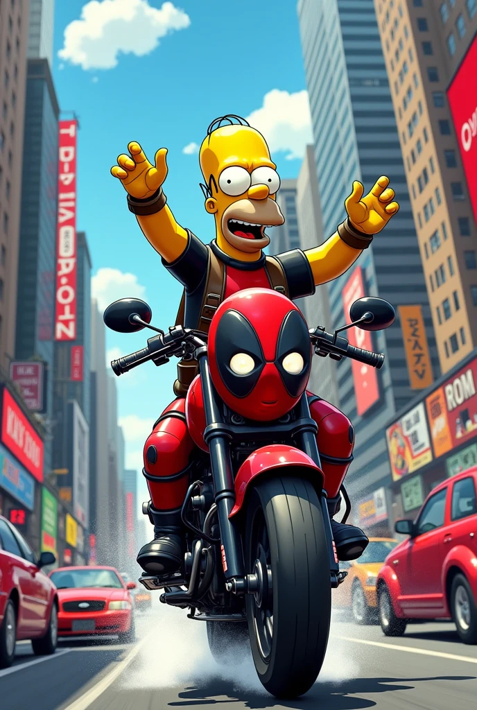 Homer Simpson riding Deadpool 
