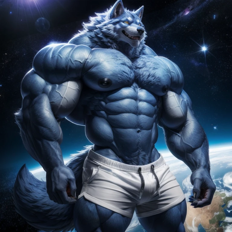 furry growth, hyper growth, hyper muscles, wolf, blue wolf, shirtless, white shorts, exaggeratedly muscular, holding with both hands a miniature of the earth in the middle of space