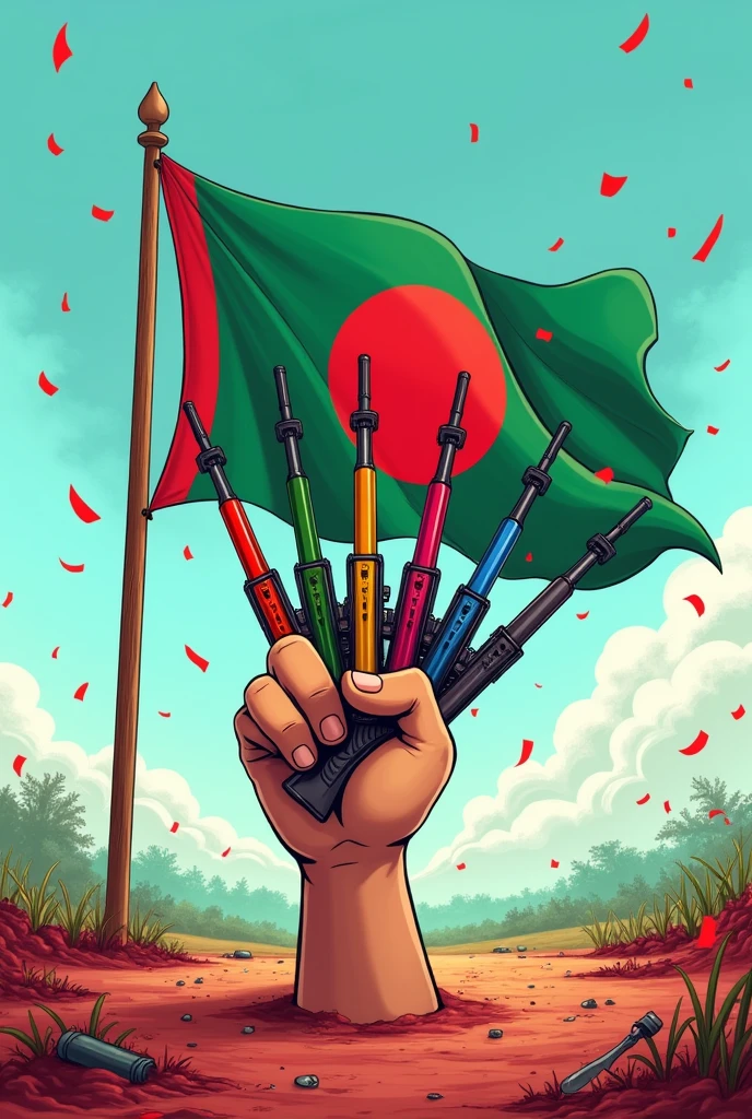 Cartoon hand carrying rifles and waving Bangladesh flag in the background of an open green fiels with bloodied battlefield. Red flakes in the air in cartoon style.