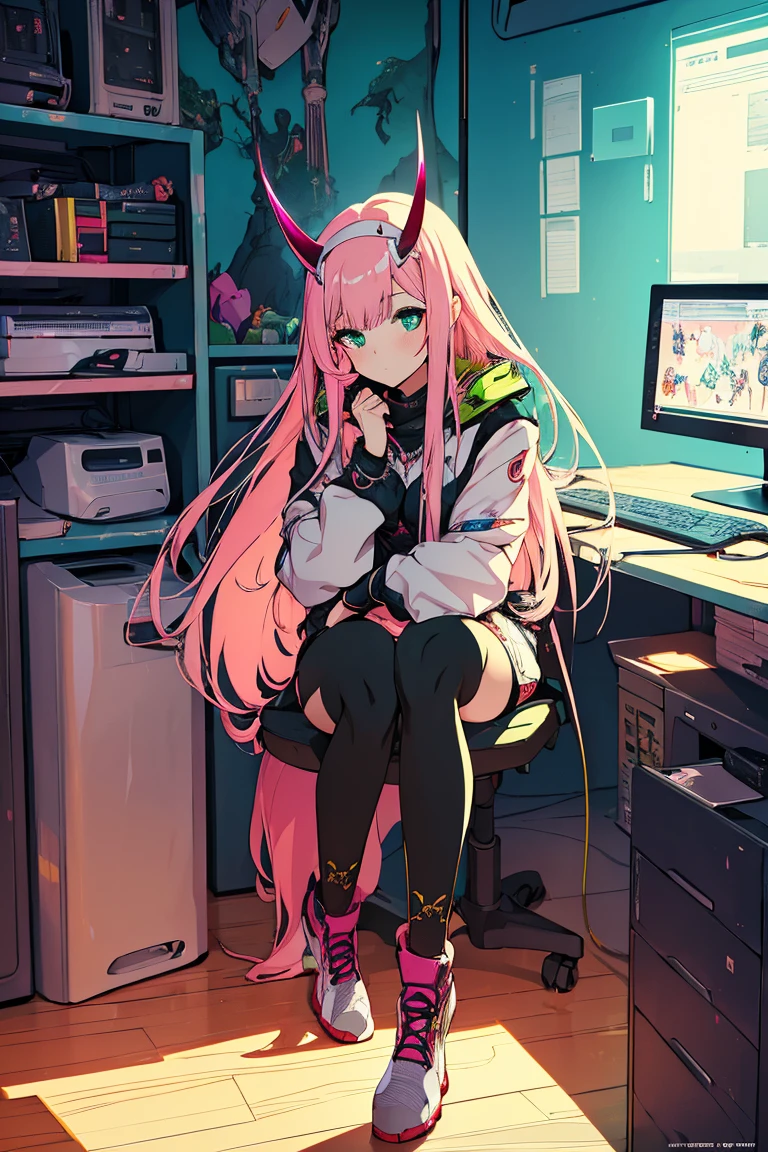 piece of art, maximum quality, best quality specialist, official art, beautiful and aesthetically pleasing, anime, 1 girl, zero two, extremely detailed, colorful, more detailed ((ultra details)), (highly detailed computer illustration), standing alone, pink hair, pair of horns, green eyes, long hair, (character focus), She sits hugging her knees, sad.