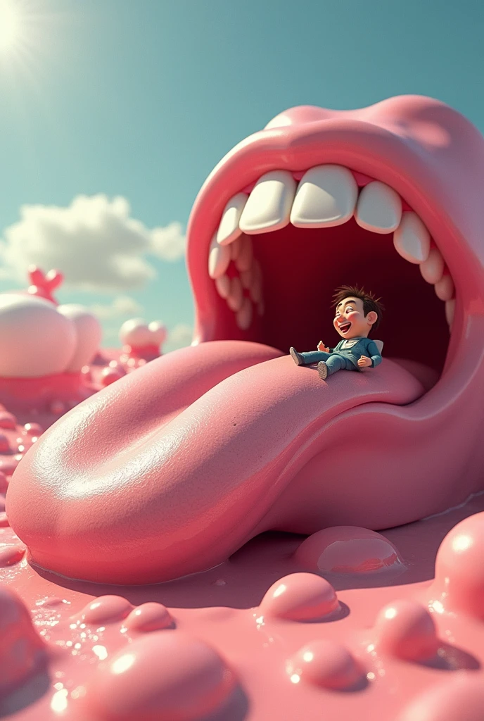 Small man lying on a giant tongue