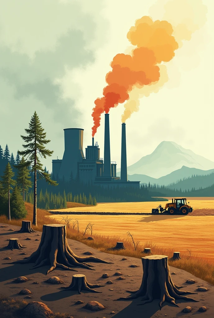 An image illustrating the causes of climate change with text in Spanish: '2. What are the causes of climate change? The main causes of climate change include the burning of fossil fuels (coal, oil and gas), deforestation, and intensive agriculture, that release large amounts of greenhouse gases into the atmosphere.' The image should depict a factory emitting smoke, deforestation with cut-down trees, and an agricultural field with machinery. Use a clear and modern design with Spanish text, ensuring the text is easy to read." no text