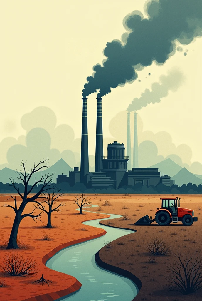 An image illustrating the causes of climate change with text in Spanish: '2. What are the causes of climate change? The main causes of climate change include the burning of fossil fuels (coal, oil and gas), deforestation, and intensive agriculture, that release large amounts of greenhouse gases into the atmosphere.' The image should depict a factory emitting smoke, deforestation with cut-down trees, and an agricultural field with machinery. Use a clear and modern design with Spanish text, ensuring the text is easy to read." no text
