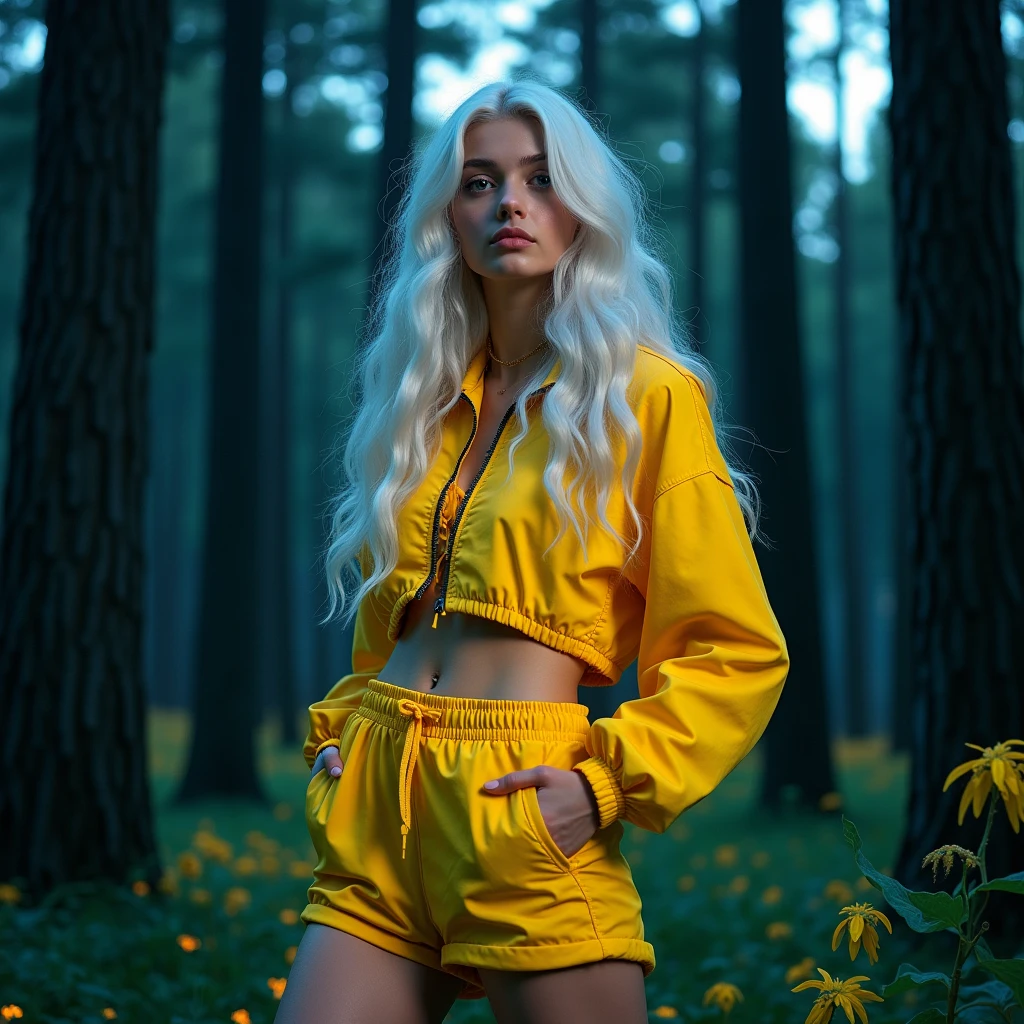 A girl with long white hair,wearing yellow 90s clothes,in the background she will be in a pine forest at night,I want her to do sexy poses.