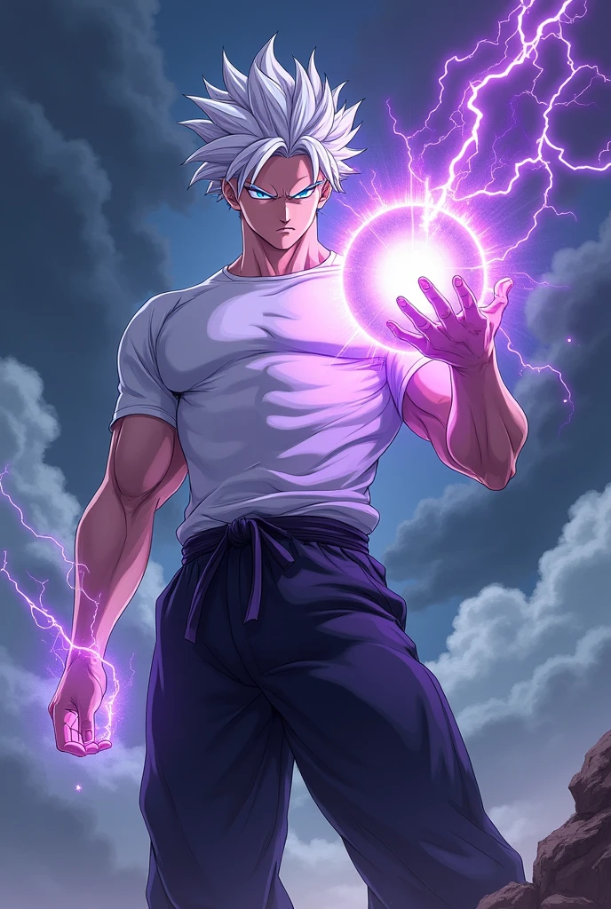 body white skin, 80 kg muscular body, and white gojo satoru hair, blue eyes, white T-shirt ,black leg karate suit ,shoot purple lightning storm sphere from hand, anime style