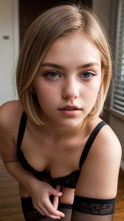 ((Ultra Detail)), Beautiful Art, 18 yo blonde teen girl . Full lips. Eyes wide.  ((Very short hair)), uhd, high details, best quality, goddess, , Garter stockings