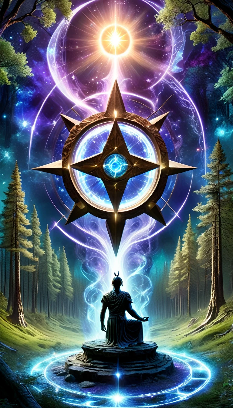 （Dark Fantasy），（Ultra wide angle），In an ancient forest wasteland, The ancient stone magic circle predates all recorded. It is composed of countless huge rocks., Each one shows signs of erosion., Arranged into a perfect six-pointed star，Point to each constellation, As if connected to the power of the universe. At its center, The ground is engraved with complex runes and mysterious patterns..，Moonlight, The lights are blue, As part of the summoning ritual，It is also a container of power., Peak electricity consumption at night. The surrounding forest seemed to avoid, The branches are curved，whiss. When the stars align on a special night, The energy of the sky resonates with the runes of the circle, Slowly open a gap，Inside is a creature with eyes like burning coals, Made of darkness and fear, go out, Every step you take，The earth will tremble. This scene depicts a mysterious and dangerous moment，The ancient magic circle summons an entity under the watchful eyes of the ancient forest..，(masterpiece，best quality，Ultra HD，Extremely detailed，illumination）