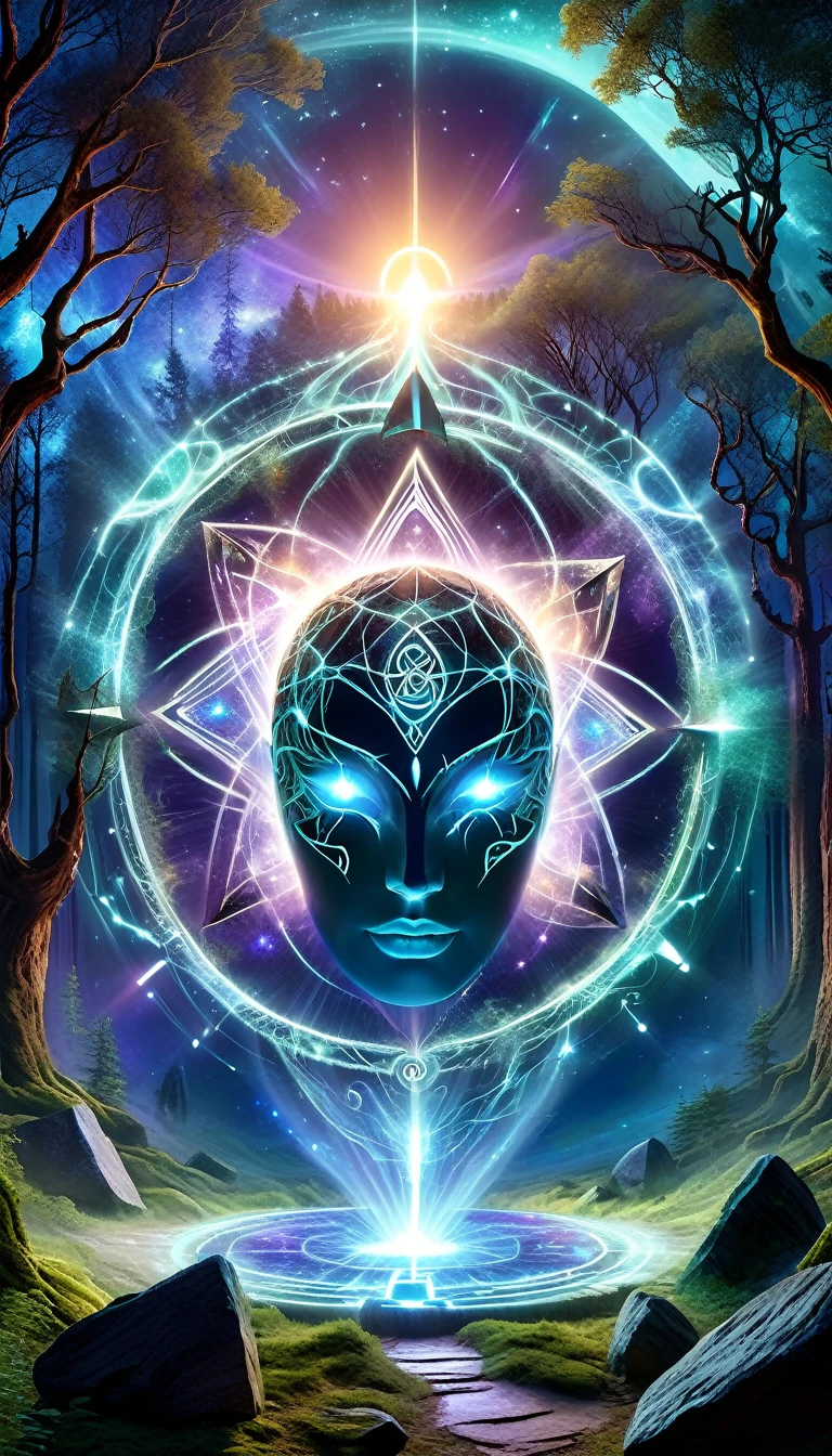 (Dark Fantasy),(Ultra wide angle),In an ancient forest wasteland, The ancient stone magic circle predates all recorded. It is composed of countless huge rocks., Each one shows signs of erosion., Arranged into a perfect six-pointed star,Point to each constellation, As if connected to the power of the universe. At its center, The ground is engraved with complex runes and mysterious patterns..,Moonlight, The lights are blue, As part of the summoning ritual,It is also a container of power., Peak electricity consumption at night. The surrounding forest seemed to avoid, The branches are curved,whiss. When the stars align on a special night, The energy of the sky resonates with the runes of the circle, Slowly open a gap,Inside is a creature with eyes like burning coals, Made of darkness and fear, go out, Every step you take,The earth will tremble. This scene depicts a mysterious and dangerous moment,The ancient magic circle summons an entity under the watchful eyes of the ancient forest..,(masterpiece,best quality,Ultra HD,Extremely detailed,illumination)
