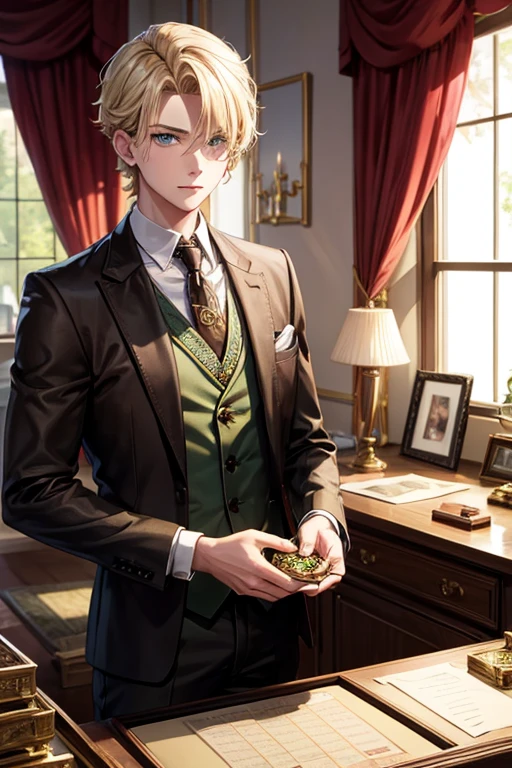 A young man with blond hair and green eyes, wearing a brown suit, is selecting jewels.