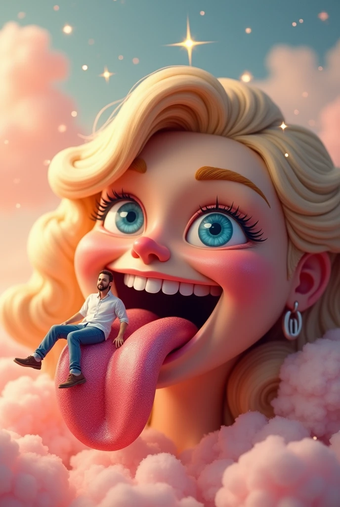 Small man lying on a giant woman's tongue