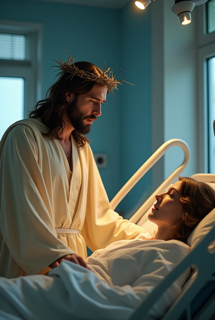 "Create an image of Jesus wearing a crown of thorns, standing beside a hospital bed in an Intensive Care Unit (ICU). The setting should be modern, with medical equipment around. Jesus should have a compassionate and serene expression, placing one hand gently on the shoulder of a patient lying in the bed. The patient appears weak, but there’s a sense of peace and hope in their interaction. The room is softly lit, with a subtle, warm glow emanating from Jesus, contrasting with the cooler, clinical lighting of the ICU."