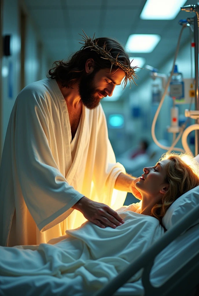 "Create an image of Jesus wearing a crown of thorns, standing beside a hospital bed in an Intensive Care Unit (ICU). The setting should be modern, with medical equipment around. Jesus should have a compassionate and serene expression, placing one hand gently on the shoulder of a patient lying in the bed. The patient appears weak, but there’s a sense of peace and hope in their interaction. The room is softly lit, with a subtle, warm glow emanating from Jesus, contrasting with the cooler, clinical lighting of the ICU."