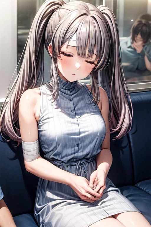 masterpiece, Highest quality, High resolution, ((train))、Sitting、Twin tails, Grey Hair, bandage、White dress, Slender body、cute、Attractive breasts、from the front、Sleep、Closed eyes、Weakness、Relaxation、腕がWeakness、To let one's arms hang down、Leaning on your back、Focus on women、(1boy,Face out of frame、Put an arm around someone's shoulder、Massage the breasts)