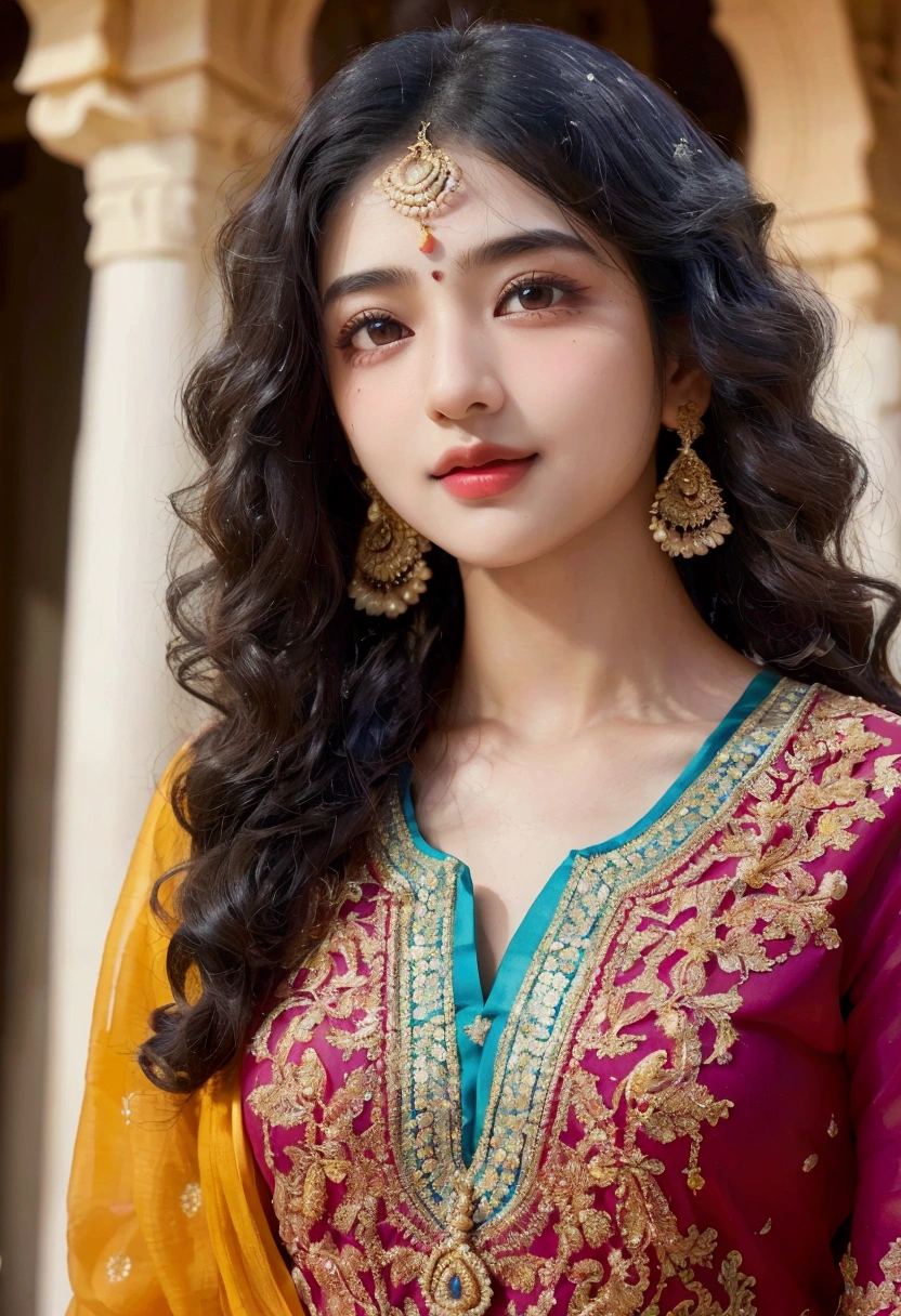 ultra-realistic photographs,Indian Instagram female model,mid 18s,9:16,mid-shot,beautiful detailed eyes,detailed lips,longeyelashes,black curly hair,naturally full eyebrows,perfectly formed nose,expressive face,attractive appearance,confident and elegant posture,graceful movement,vibrant and colorful salwar kameez,rich and intricate embroidery,temple background,serene and spiritual atmosphere,stunning architecture,divine sculptures,soft and natural lighting,vivid colors,photorealistic,HDR,highres,studio lighting,ultra-detailed,bokeh. Very sweet