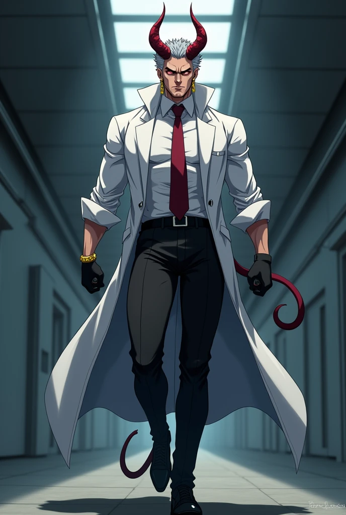 Create an anime man with a height of 2.20cm, muscled body, He has a domineering gaze with downcast eyes and a gaze directed towards the outer edge and upward, pubic hair on the chin and chest, oval gold earrings on his two ears, brown skin, spiky gray hair, dominant red eyes, Fangs, large, deep red horns. Dress him in a long doctor's coat with rolled up sleeves and a burgundy tie, that he shows his muscular chest, black pants and black shoes, black gloves, demon tail.