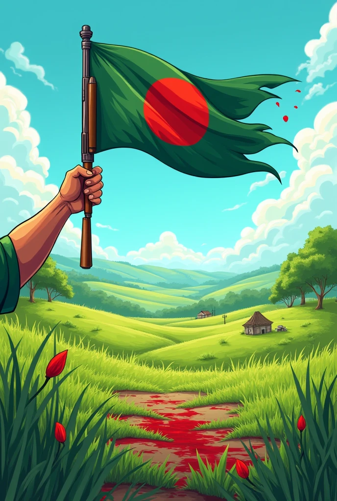 Cartoon hand carrying rifle and waving Bangladesh flag in the background of an open green fiels with bloodied battlefield. Red flakes in the air in cartoon style.