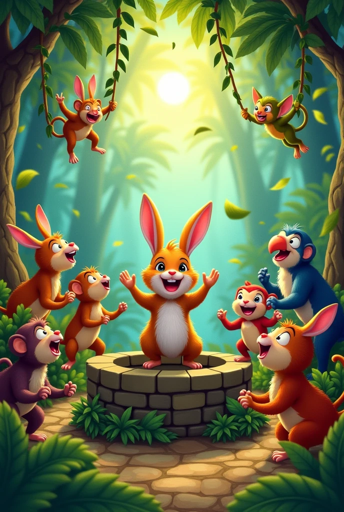 Jungle Animals Rejoicing: Other animals in the jungle gather around the rabbit, cheering and celebrating his cleverness, with the well in the background.