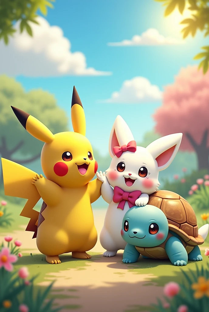 Make a picture with Pikachu from Pokemon and and a  Marie cat  and the snowball tortoise  from the Secrets of pets life as they best friend and with smiling face and the put hand on second their shoulder  