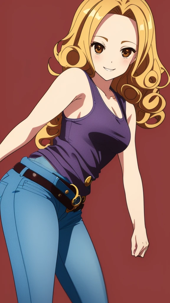 1girl, solo, masterpice, blond hair, curly hair, brown eyes, mediume beast, black tank top, cleavage, the big forehead, smiling, simple backgrownd, smiling, red pants, belt, bellybotton, full_body, HDR, High quality, Best Quality, ((best quality)), ((masterpiece)), (detailed), ( ( ( wearing jeans ) ) ), looking at veiewers, 4K, 8K, UHD, ultra-detailed, pink shose,