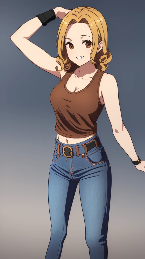 1girl, solo, masterpice, blond hair, curly hair, brown eyes, mediume beast, black tank top, cleavage, the big forehead, smiling, simple backgrownd, smiling, red pants, belt, bellybotton, full_body, HDR, High quality, Best Quality, ((best quality)), ((masterpiece)), (detailed), ( ( ( wearing jeans ) ) ), looking at veiewers, 4K, 8K, UHD, ultra-detailed, pink shose,