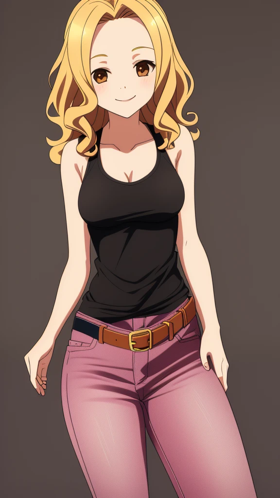 1girl, solo, masterpice, blond hair, curly hair, brown eyes, mediume beast, black tank top, cleavage, the big forehead, smiling, simple backgrownd, smiling, red pants, belt, bellybotton, full_body, HDR, High quality, Best Quality, ((best quality)), ((masterpiece)), (detailed), ( ( ( wearing jeans ) ) ), looking at veiewers, 4K, 8K, UHD, ultra-detailed, pink shose,