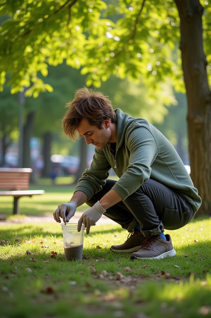 A person collecting some feces in a collection cup